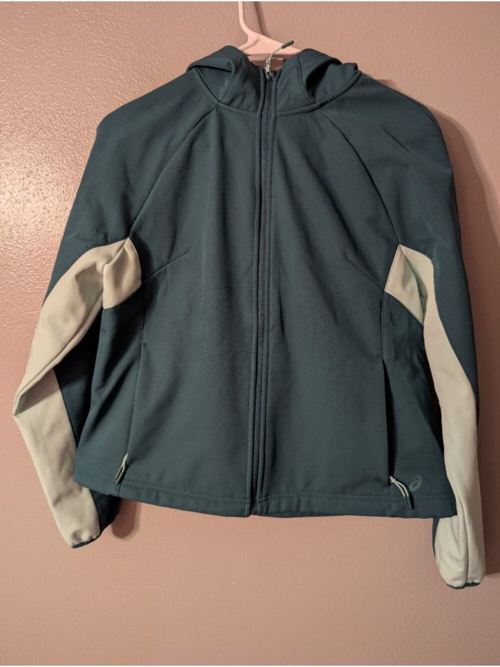 ASICS Womens Medium Softshell Fleece Lined Full Zip Hooded Running Jacket Green